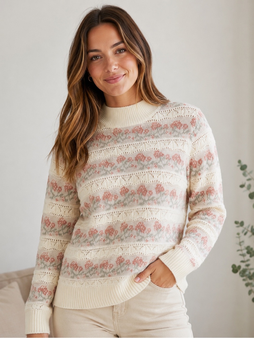 Ricki's Cream Crewneck Sweater with Pink and Sage Floral Stripes